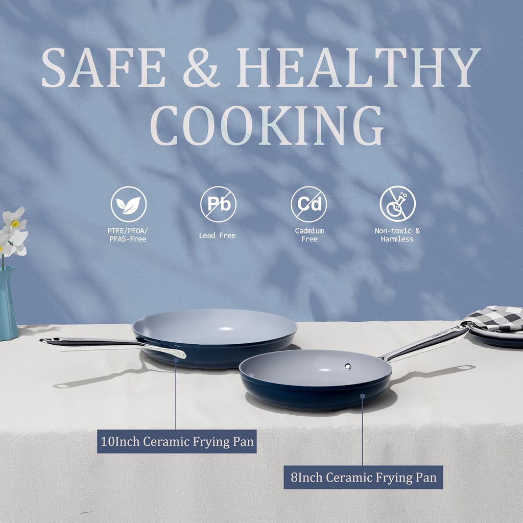 Nonstick Ceramic Frying Pan 10 Inch for Induction Cooktop - Non Toxic, PTFE/PFOA/PFAS Free, Oven & Dishwasher Safe up to 500°F - Non Stick Small Skillet with Stay-Cool Handle - Navy Blue