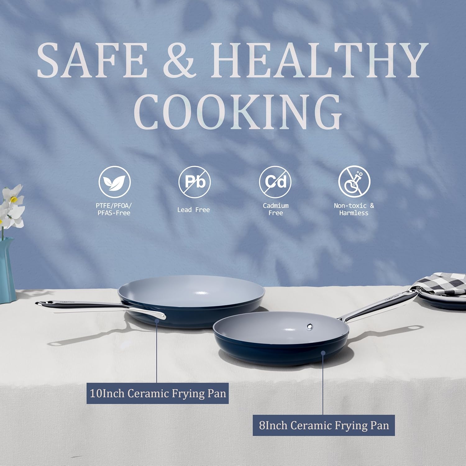 Nonstick Ceramic Frying Pan 10 Inch for Induction Cooktop - Non Toxic, PTFE/PFOA/PFAS Free, Oven & Dishwasher Safe up to 500°F - Non Stick Small Skillet with Stay-Cool Handle - Navy Blue