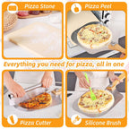 GOFOWEK Pizza Stone 5 PCS Set, 15 x 12" Large Rectangle Pizza Stone Set for Oven and Grill with Metal Pizza Peels & Cutter Rocker, 0.6'' Thickened Stone Pizza Pan, Baking Stone for Pizza, Bread
