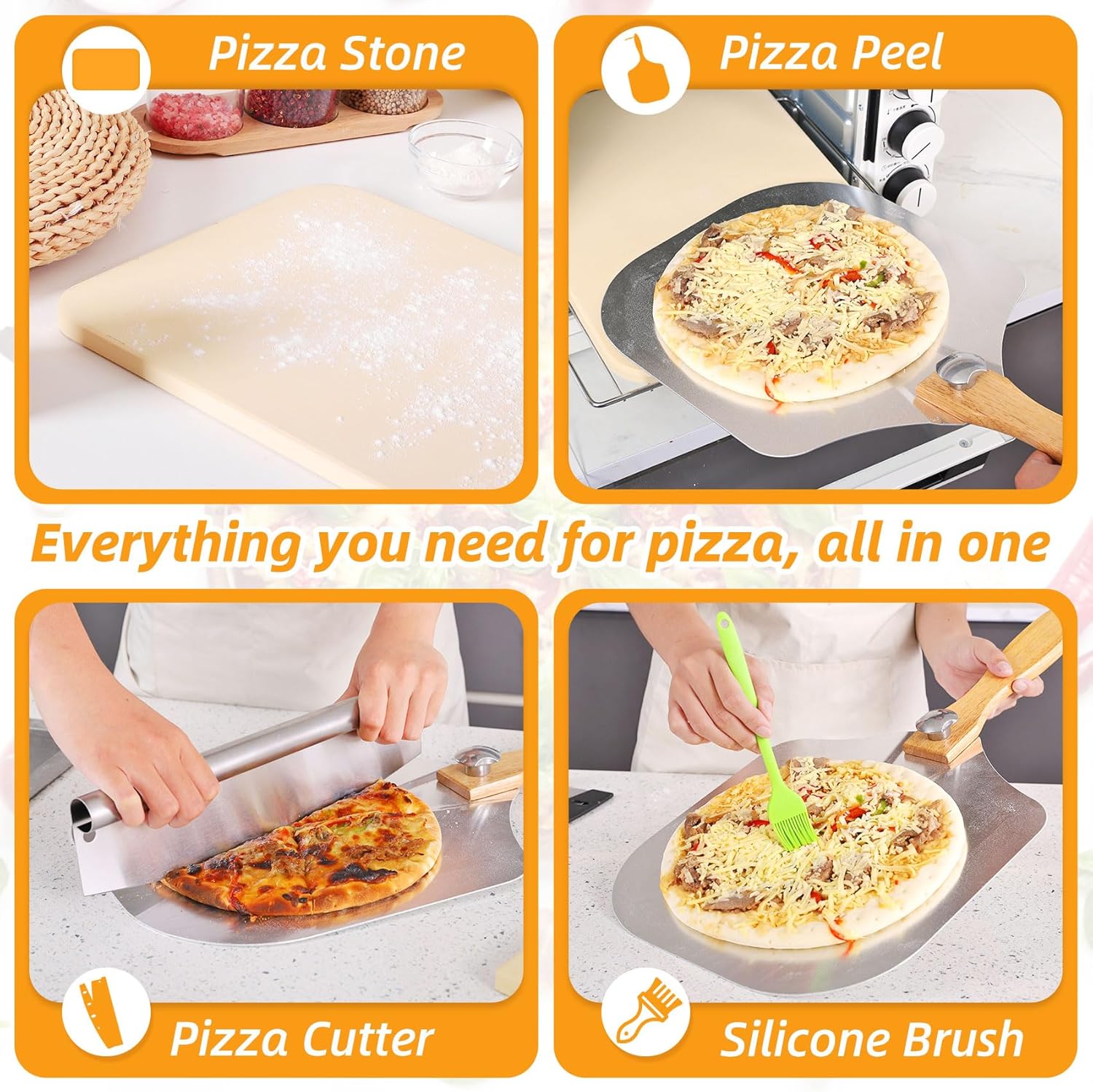 GOFOWEK Pizza Stone 5 PCS Set, 15 x 12" Large Rectangle Pizza Stone Set for Oven and Grill with Metal Pizza Peels & Cutter Rocker, 0.6'' Thickened Stone Pizza Pan, Baking Stone for Pizza, Bread