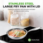 NutriChef 12" Stainless Steel Frying Pan - Triply Hybrid Skillet w/DAKIN Etching Non-Stick Coating, Scratch-resistant Raised-up Honeycomb Fire Textured Pattern, NC3PL12