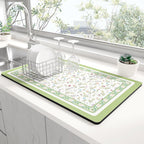 Rnivvi Dish Drying Mat for Kitchen Counter, 12 x 19" Cute Flower Theme Super Absorbent Draining Pad, Non-Slip Heat Resistant Coffee Bar Mat for Coffee Machine Station Accessories, Green Dish Rack Pad