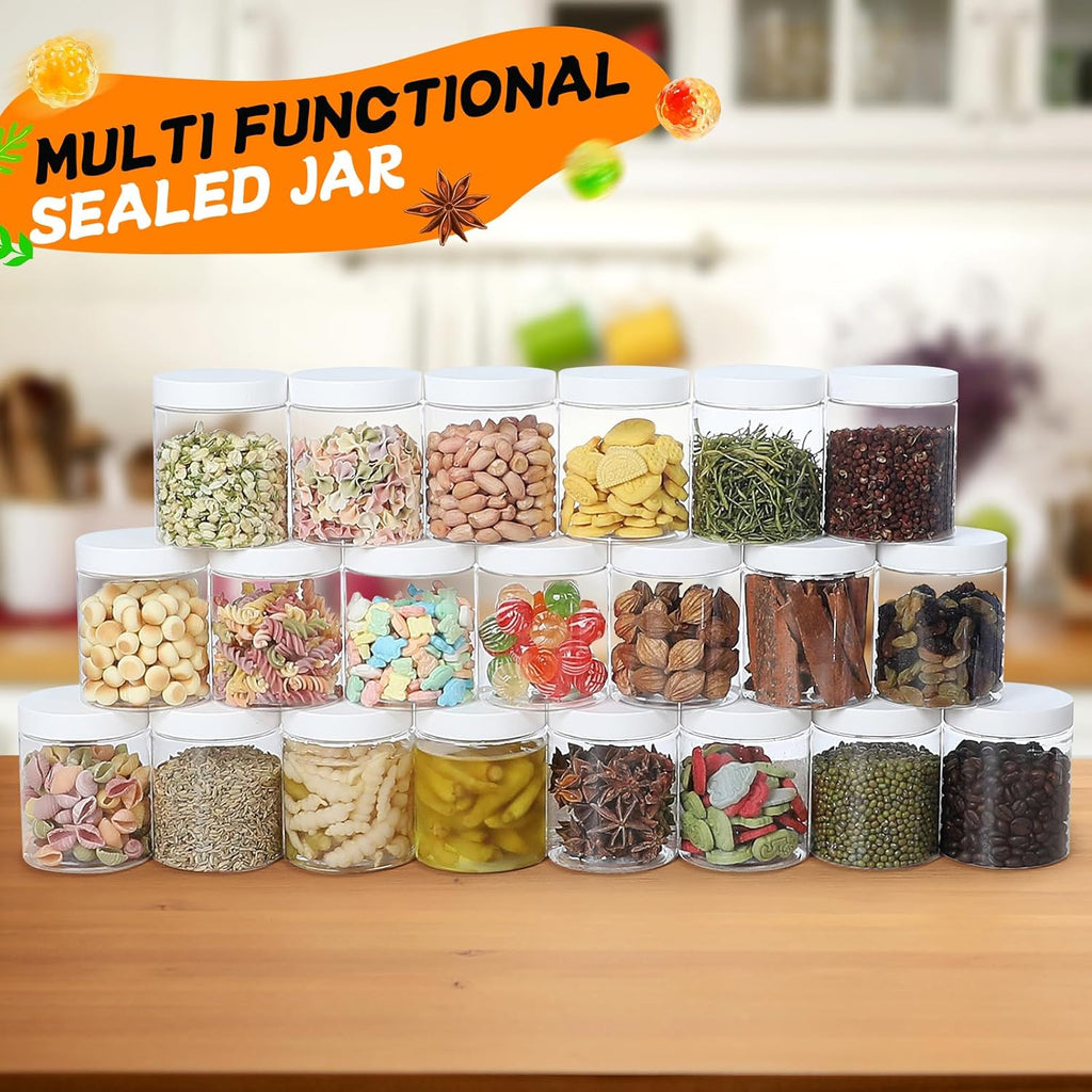 48pcs 8 oz Plastic Containers with Lids Labels Leak Proof BPA Free Airtight Refillable Clear Small Containers Storage Jars for Storing Dry Food Slime Honey Jam,white