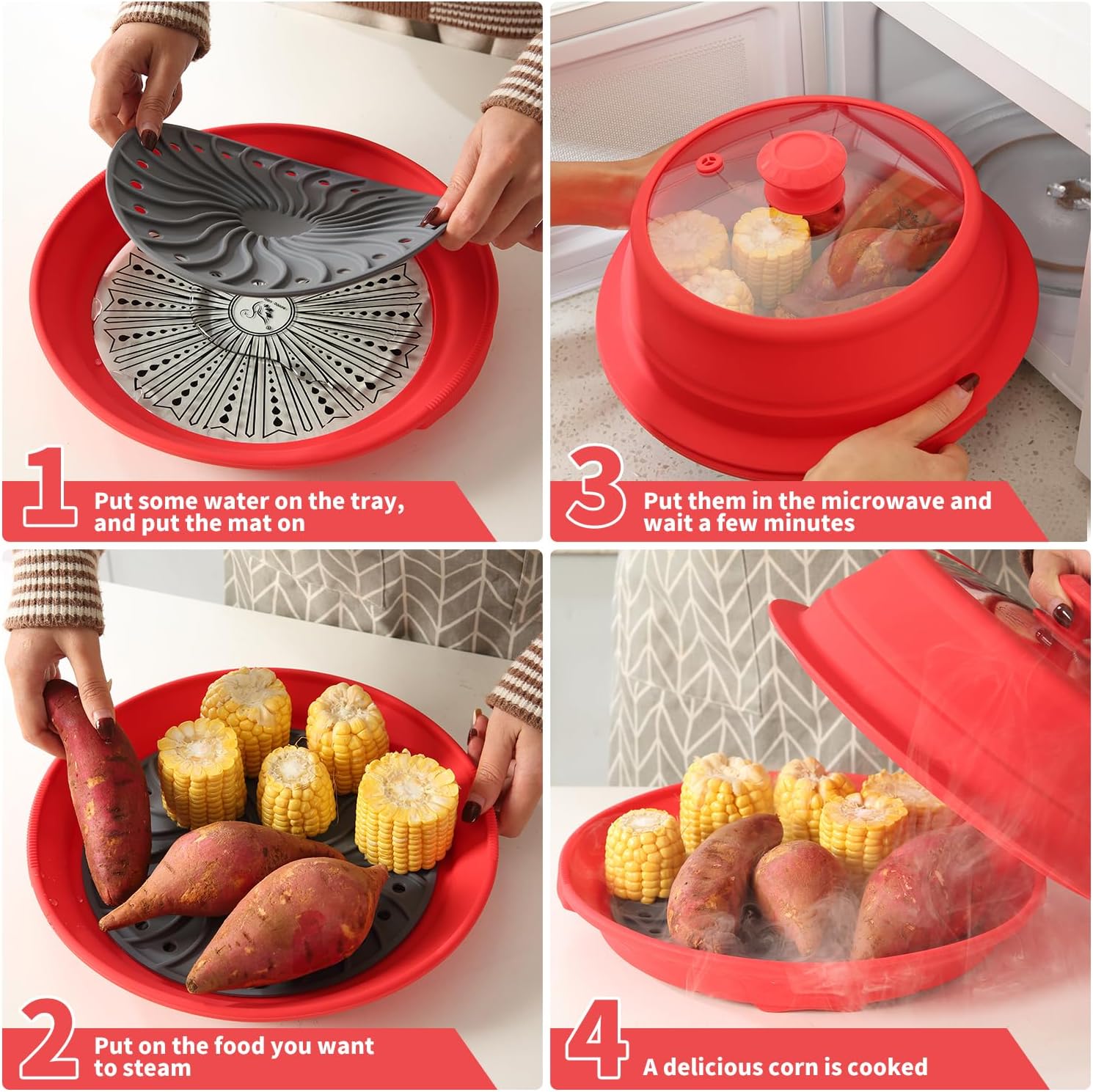 Microwave Splatter Silicone Cover Collapsible Steamer, Vented Multifunction Splash Lid with Glass Dish Bowl Plate for Food Cooking Bacon Maker, Dishwasher Safe BPA-Free 10.5 inch Cookware Set