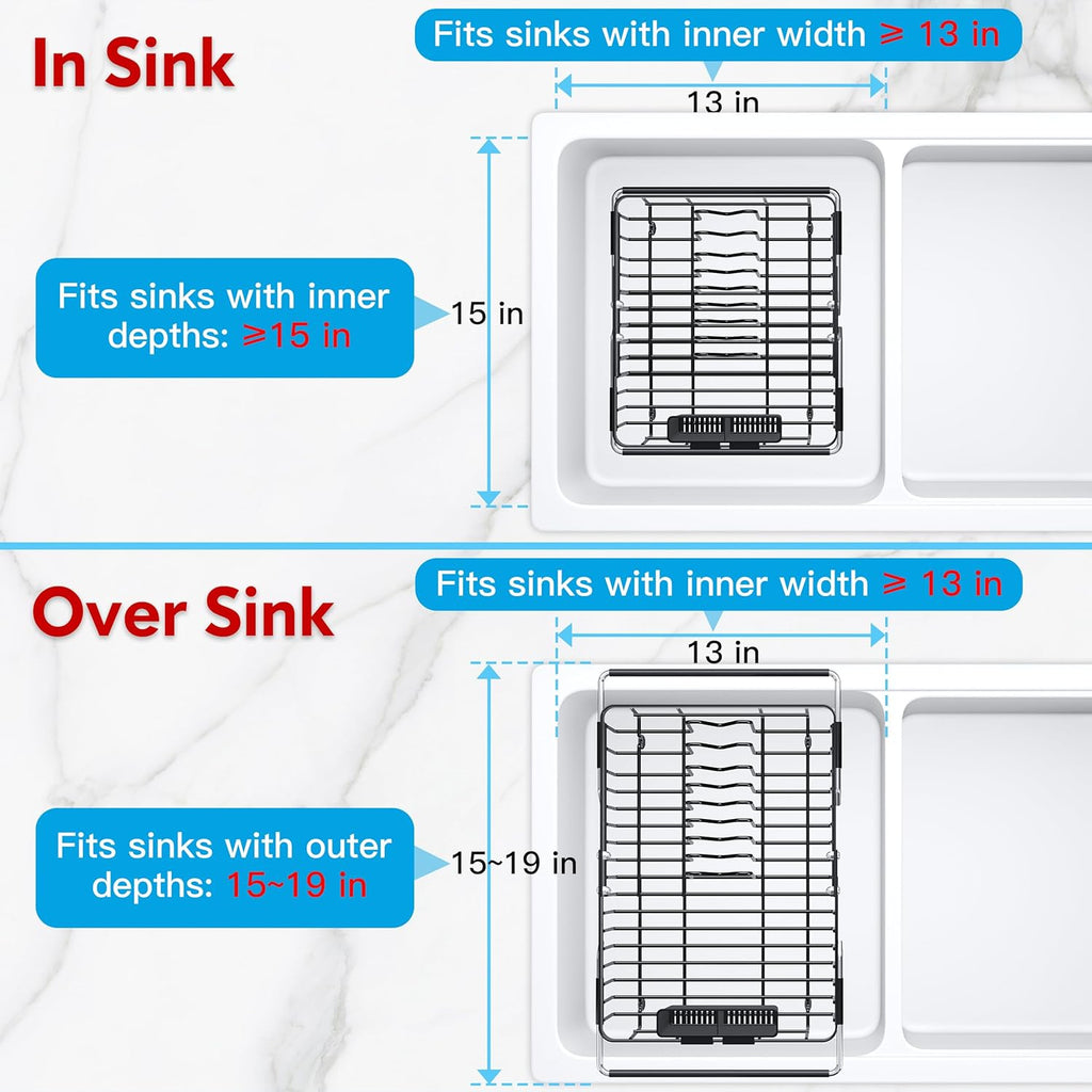 JASIWAY in Sink Dish Drying Rack, Expandable Stainless Steel Dish Drainers for Kitchen Sink, Over Sink Dish Drying Rack with Utensil Holder, 13.1''~16.6''D x 11.8''W, Black