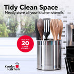 Cooler Kitchen Rotating Extra Large Stainless Steel Utensil Holder Caddy with Sturdy No-Tip Weighted Base, Removable Divider, and Gripped Insert Bottom -Dishwasher Safe Metal Cooking Utensil Holder…