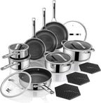 Pots and Pans Set Hybrid Stainless Steel, 17PC Nonstick Tri-Ply Cookware Set w/Frying pan, Dishwasher & Oven Safe, PFOA-Free, Metal Utensil Safe, Suitable for All Cooktops