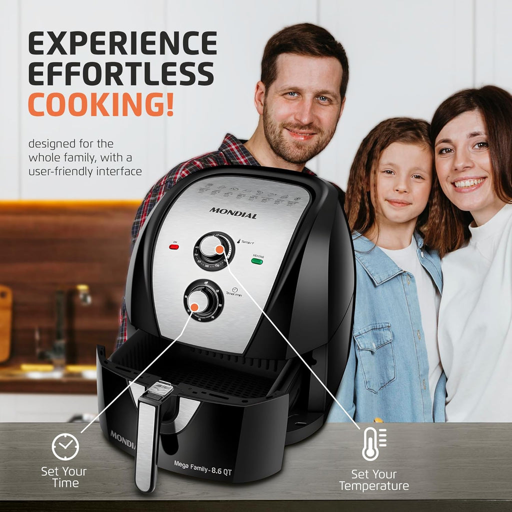 Air Fryer - 8.6 Quart Extra-Large Air Fryer, 2 Simple Dial Controls, 1800 Watts - Quick Heat Circulation Technology, Low Fat Cooking Less Calories - Removable Squared Basket - Black