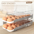 theaoo Egg Holder for Fridge, Automatic Rolling Egg Container for Refrigerator, Clear Plastic Egg Dispenser, Stackable Eggs Organizer with Quick Removable inner Tray For Organizers and Storage, 2 Pack