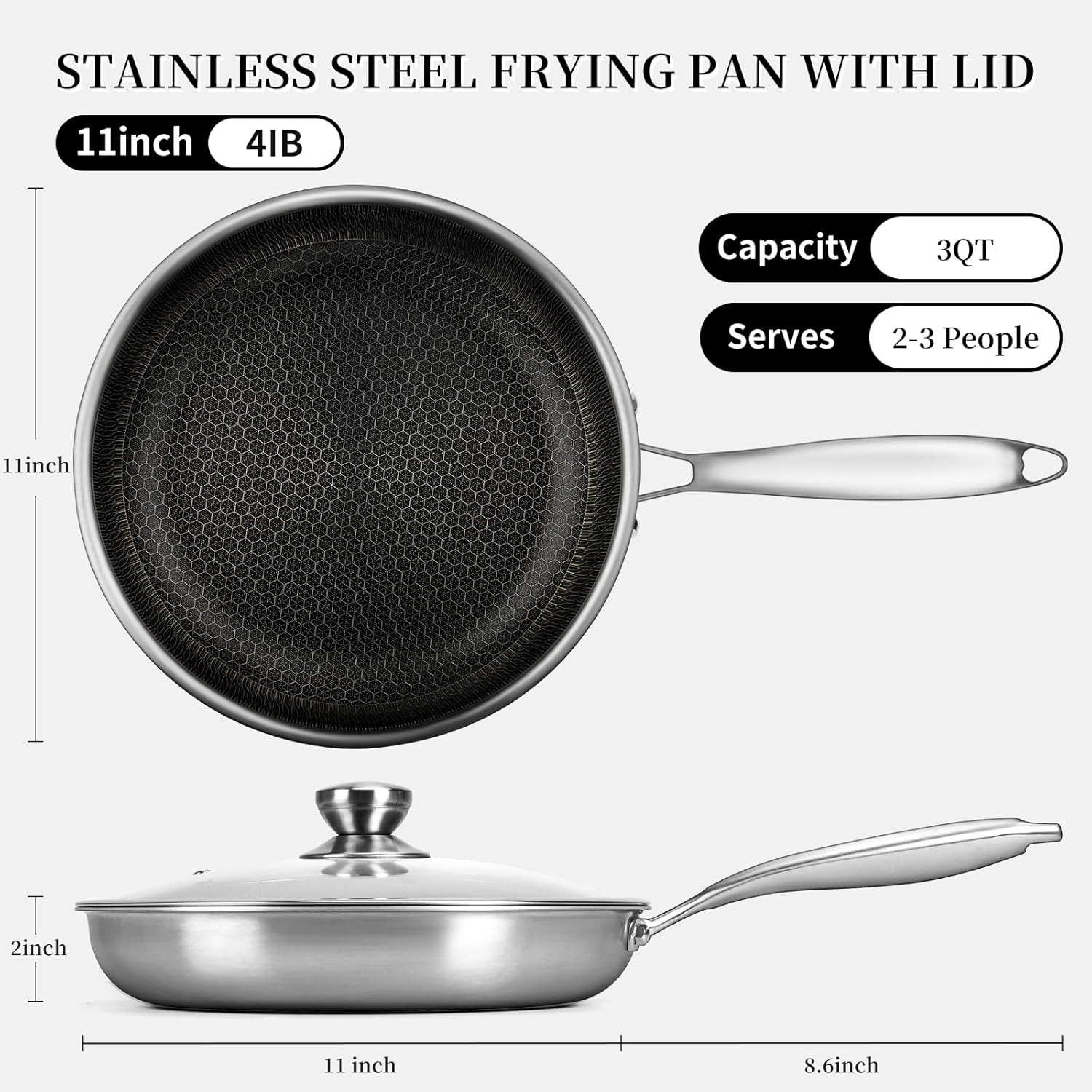 Stainless Steel Frying Pan with Lid - 11 Inch Nonstick Frying Pan with Lid, Honeycomb Stainless Steel Skillet Omelet Chef's Pan with Stay Cool Handle, Induction Compatible, PFOA Free