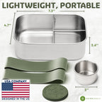Everusely - Bento Box - Sage, 37oz / 1.1 L - Stainless Steel Lunch Box with Leakproof Condiment Container - 3 Compartment Snack Organizer for On the Go Meals - Freezer & Dishwasher Safe