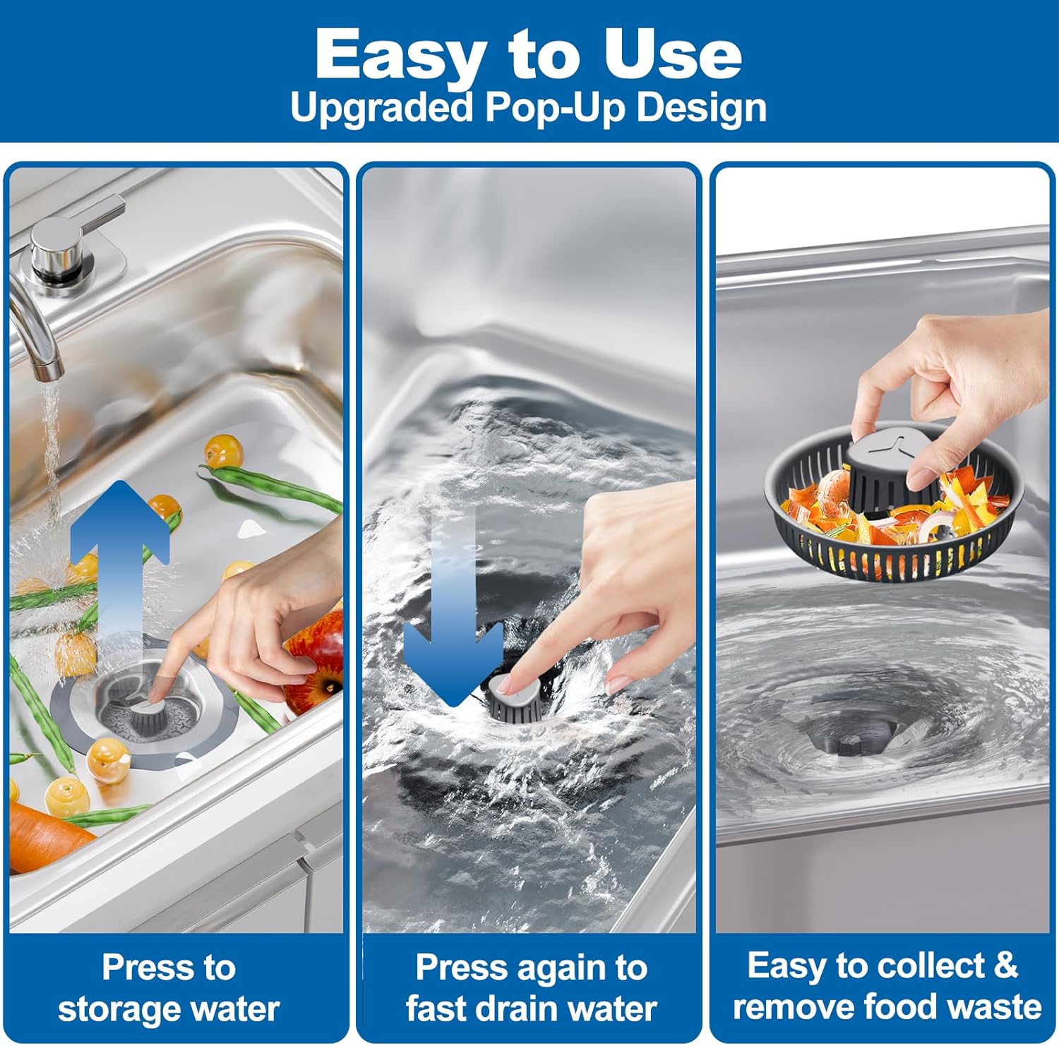 3 in 1 Universal Kitchen Sink Drain Strainer Stopper–304 Stainless Steel & Silicone Anti-Clog Basket,3-Layer Leak-Proof Ring for 3.5”US Standard Drains,Easy-Clean,Odor Isolation,No Installation