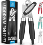 Zulay Kitchen Heavy Duty Stainless Steel Can Opener Manual with Large Bottle Opener - Manual Can Opener with Turn Knob with Soft Grip Handles - Black