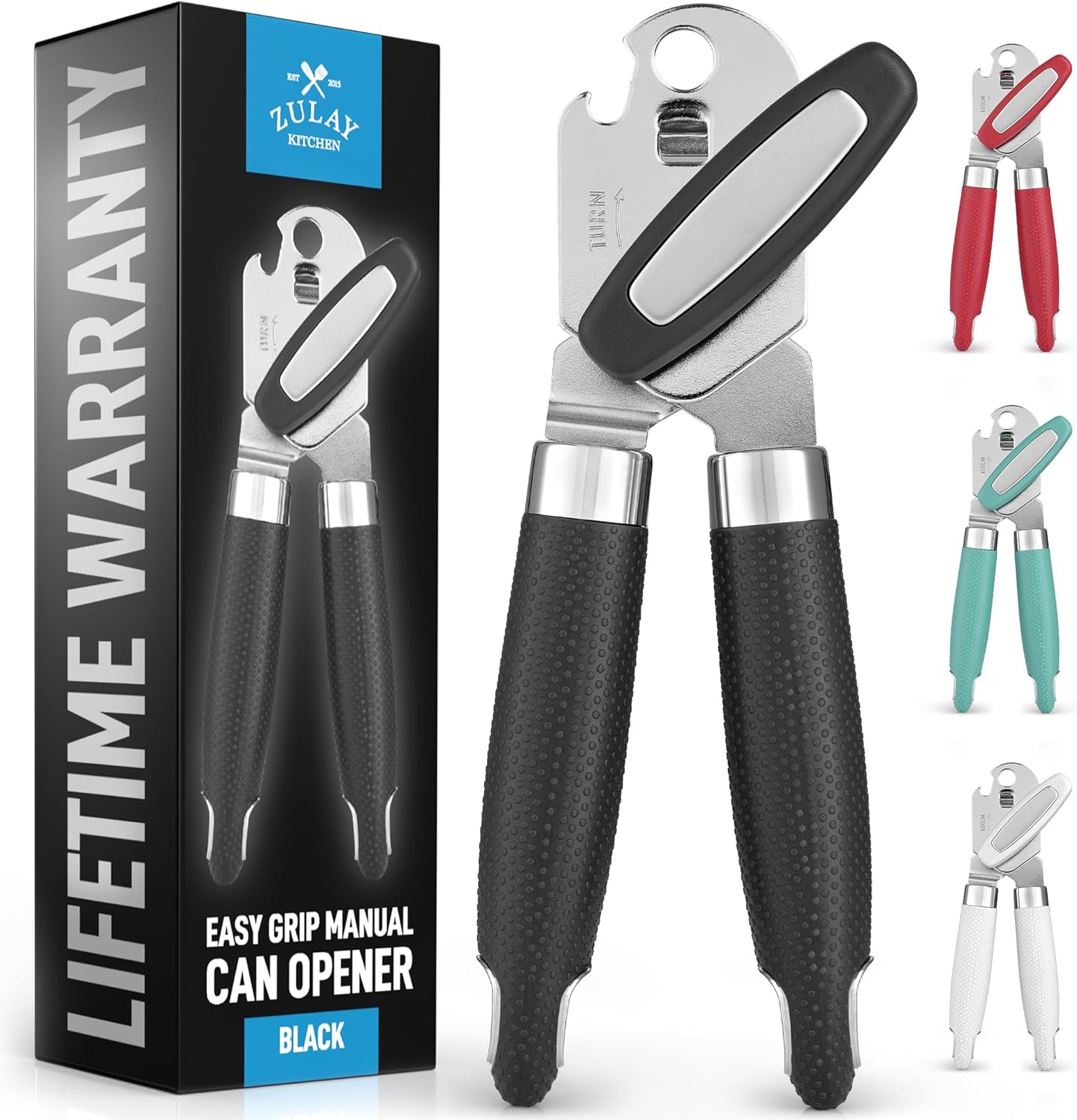 Zulay Kitchen Heavy Duty Stainless Steel Can Opener Manual with Large Bottle Opener - Manual Can Opener with Turn Knob with Soft Grip Handles - Black