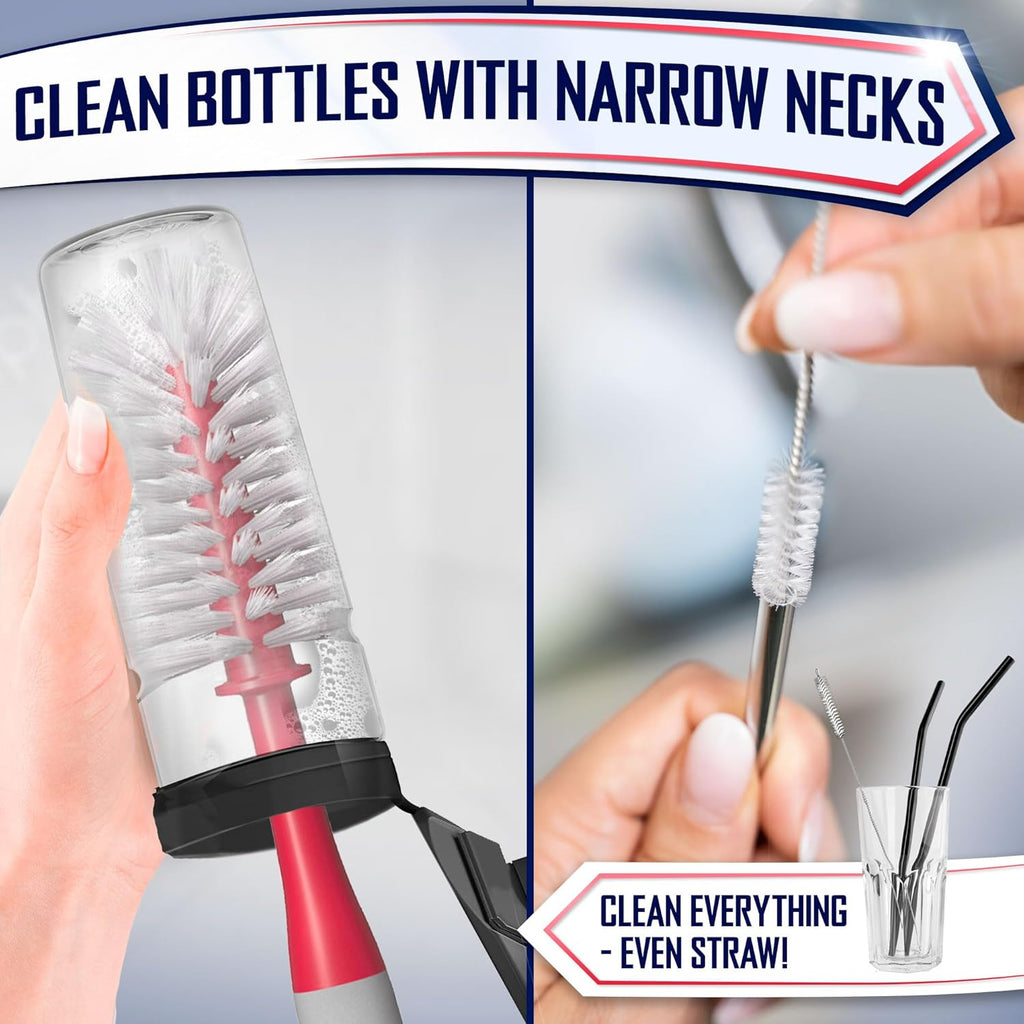 Dish Brush Set of 4 - Kitchen Scrub Brushes with Non-Slip Long Handle for Cleaning, Scrubber, Dishwashing, Dishes, Bottles, Straws, Cups, Pots & Sink, Red