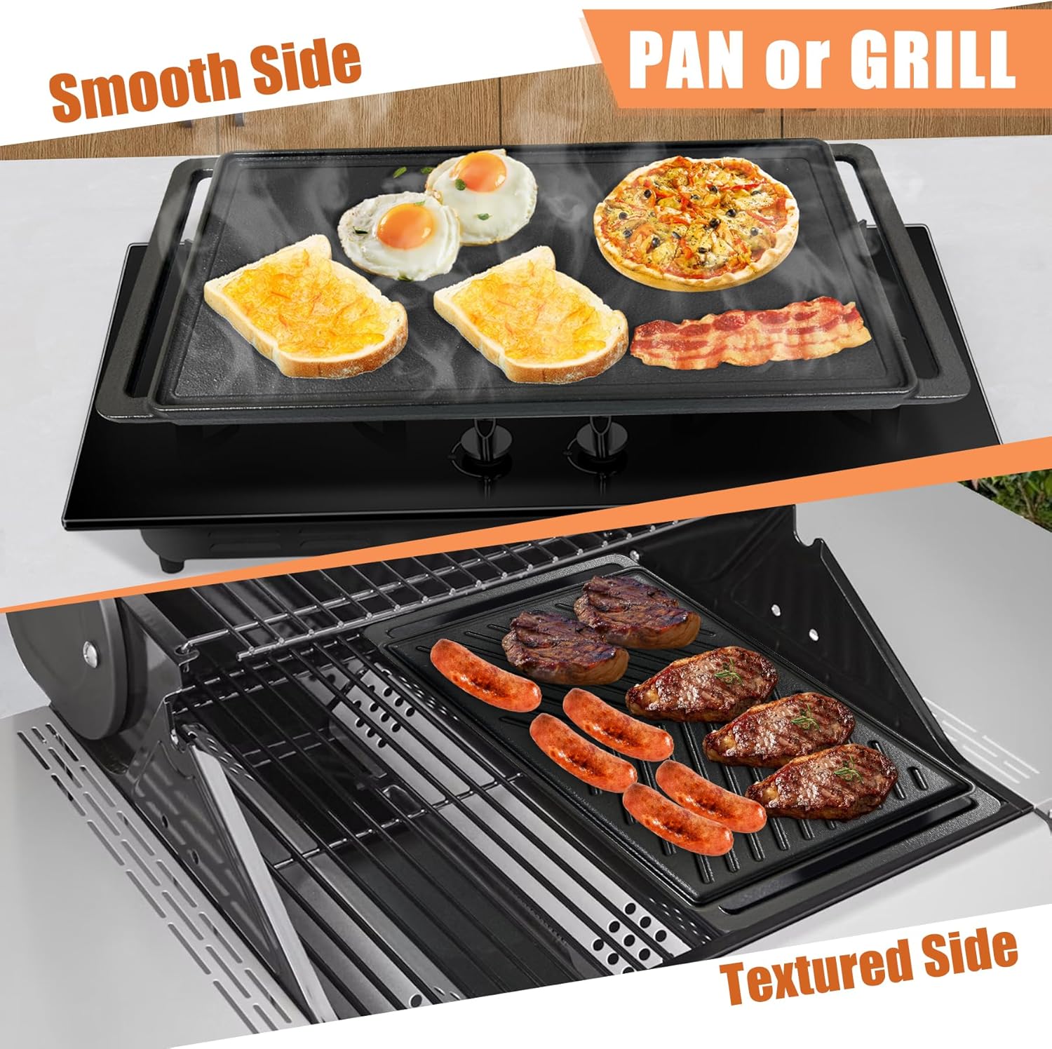Cast Iron Griddle for Stove Top Large Flat Top Double Griddle Pan for Gas Grill, Fits Two Burners, for Gas, Electric, Ceramic Stovetops, Indoor & Outdoor Cooking - 19" x 10"