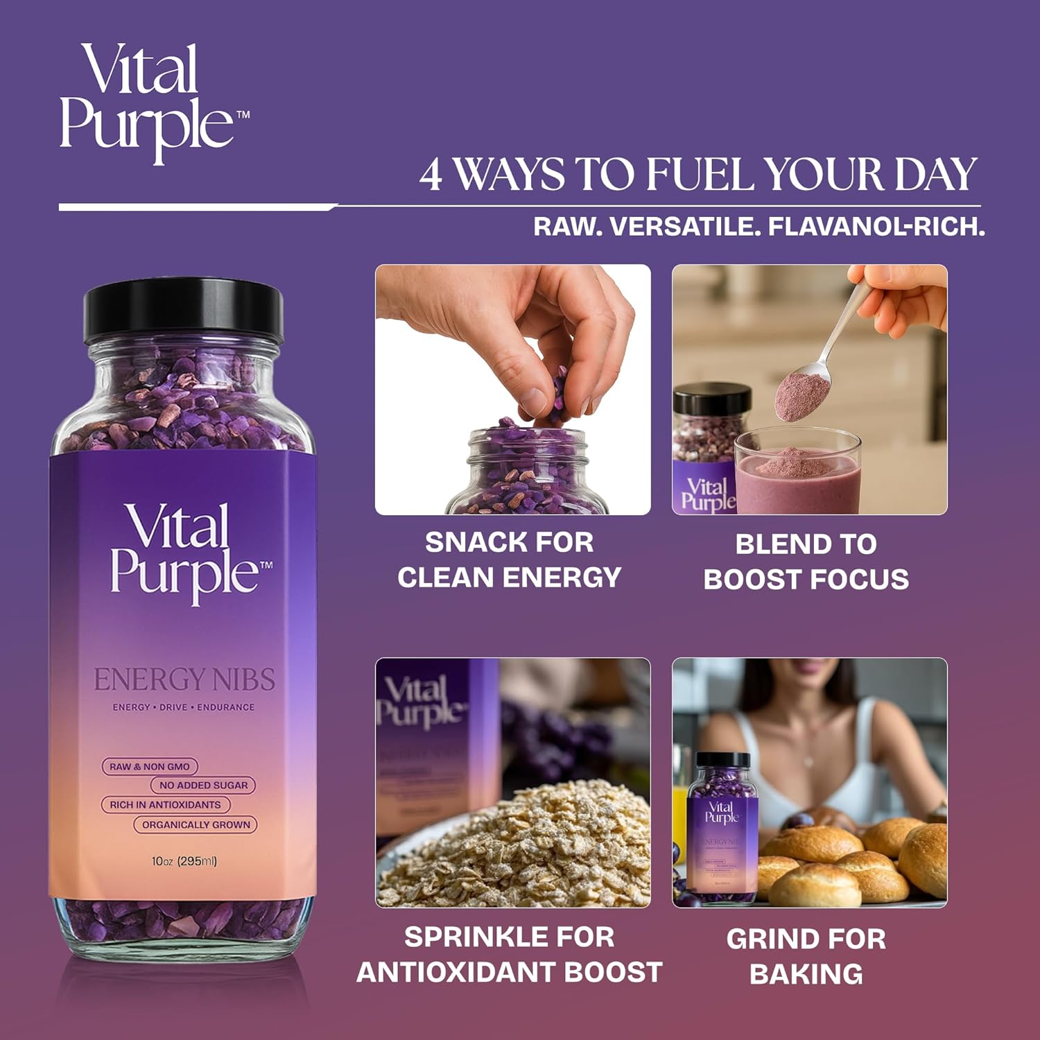 Vital Purple High Flavonal 100% Raw Cocoa Energy Nibs – 900mg Flavanols, Purple Cacao, Unroasted & Unfermented - Clean Fuel for Performance & Recovery (10 oz)