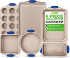 NutriChef 6-Piece Nonstick Bakeware Set - Premium Carbon Steel Baking Trays w/Heat-Safe Silicone Handles - Includes Loaf Pan, Muffin/Cupcake Pan, Round & Square Roaster Pans, Cookie Sheet - NCSBSG36