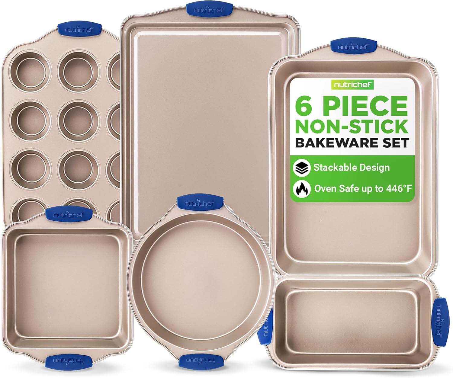 NutriChef 6-Piece Nonstick Bakeware Set - Premium Carbon Steel Baking Trays w/Heat-Safe Silicone Handles - Includes Loaf Pan, Muffin/Cupcake Pan, Round & Square Roaster Pans, Cookie Sheet - NCSBSG36