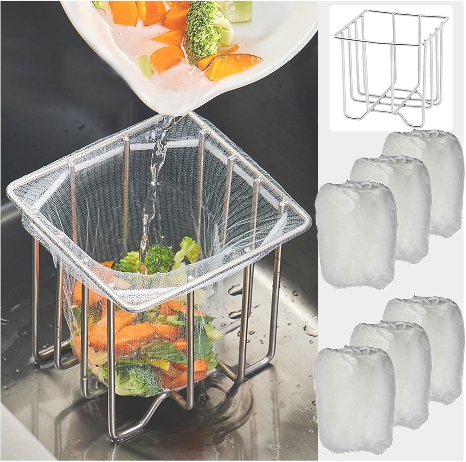 Kitchen Sink Strainer with Sink Basket Holder and 300 Strainer Net Bags,Food Catcher with drain filter Mesh bag,Meshmate Waste Rack Trash Catcher for Leftovers.