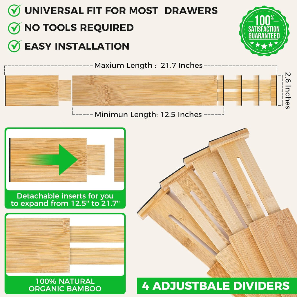 Bamboo Drawer Dividers Organizer with Inserts, Expandable from 12.5-21.7", Adjustable Drawer Organizer Separators for Utensils, Dresser, Bedroom, Bathroom, Closet, Clothing, Office (Beige)
