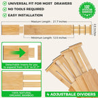 Bamboo Drawer Dividers Organizer with Inserts, Expandable from 12.5-21.7", Adjustable Drawer Organizer Separators for Utensils, Dresser, Bedroom, Bathroom, Closet, Clothing, Office (Beige)
