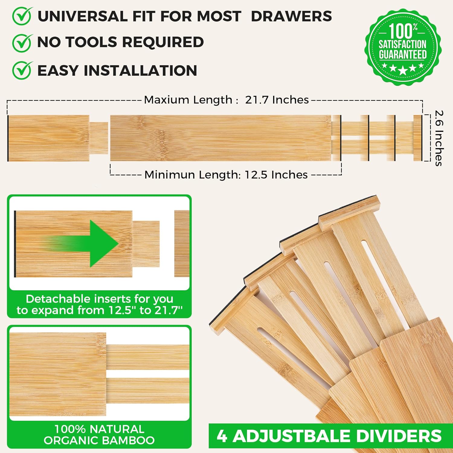 Bamboo Drawer Dividers Organizer with Inserts, Expandable from 12.5-21.7", Adjustable Drawer Organizer Separators for Utensils, Dresser, Bedroom, Bathroom, Closet, Clothing, Office (Beige)