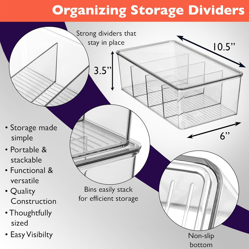 ClearSpace Plastic Pantry Organization and Storage Bins with Dividers & Lids – Perfect Kitchen Organization or Kitchen Storage – Fridge Organizer, Refrigerator Bins, Cabinet Organizers, 2 Pack
