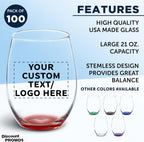 DISCOUNT PROMOS 100 ARC Stemless Wine Glasses Set, 21 oz. - Customizable Text, Logo - Chardonnay, Cabernet, Merlot, Sauvignon - Red