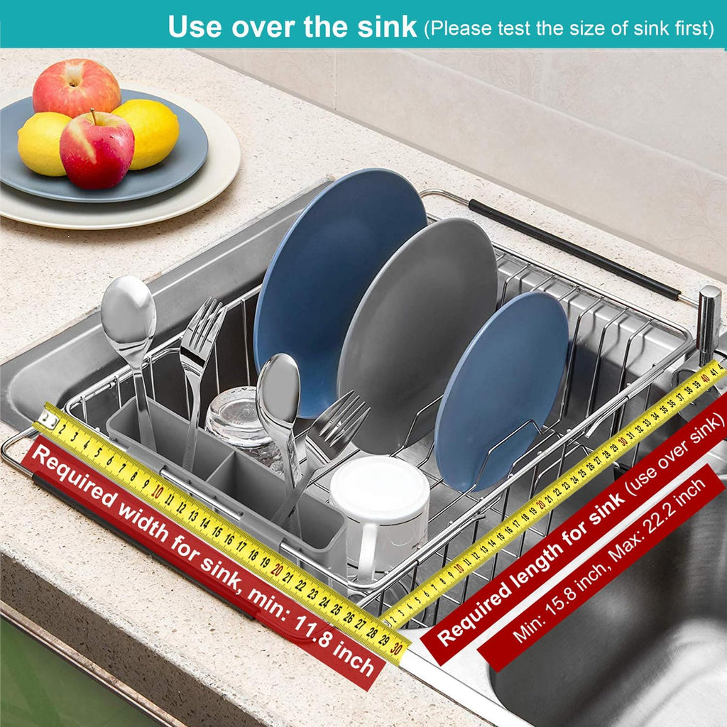 iPEGTOP Expandable Multifunctional Dish Drying Rack, Over The Sink, in Sink Or On Counter Dish Drainer Basket Organizer Shelf with Removable Grey Utensil Silverware Holder, Rustproof Stainless Steel