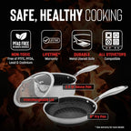 Hell's Kitchen Hybrid 3 Piece Set, 8-inch Frying Pan, 2.5 Qt Saucepan and Tempered Glass Lids, Tri-Clad Stainless Steel and PFAS-Free Ceramic Nonstick, Metal Utensil Safe, All Cooktops, Oven Safe