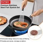 Fish Spatula Stainless Steel, Slotted Turner with Silicone Handle and Curved Blade, Metal Spatula for Cast Iron Skillet, Kitchen Cooking Flipper for Fish, Egg and Burger, 11.7 Inch