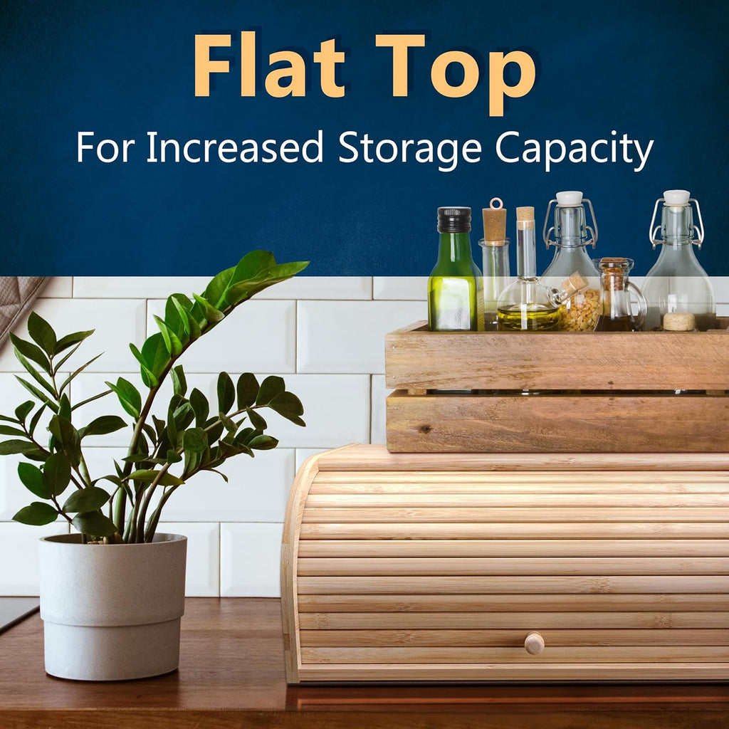 Bamboo Bread Box Space Saving Rustic Roll-Top Bread Bin for Countertop - Store Bread Cake and Baked Goods - 15 x 9.8 inches (Sliding door)
