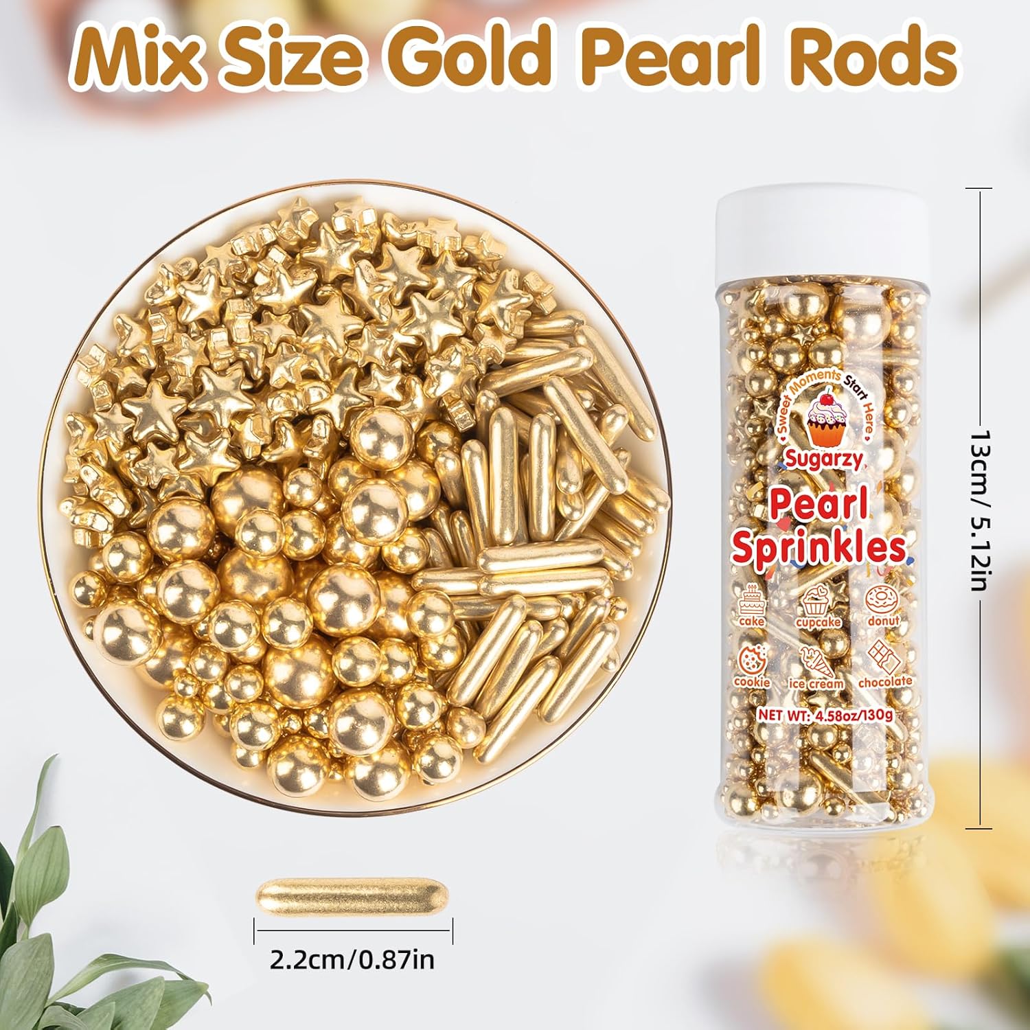 Gold Pearl Sprinkles,Edible Pearl Stars Rods Sugar Candy,Mix Size,Baking Cake Decorations,Cupcake Toppers,Cookie Donuts Ice Cream,Holiday,Birthday Wedding Party Valentines Christmas Supplies,130g/4.58oz