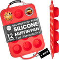 Silicone Muffin Pan With Handles, 12 Cups Cupcake Pan, Silicone Muffin Cups For Baking, Eggs & Cupcakes, Non-Stick Cupcake Molds Dishwasher Safe & BPA Free - Red Color