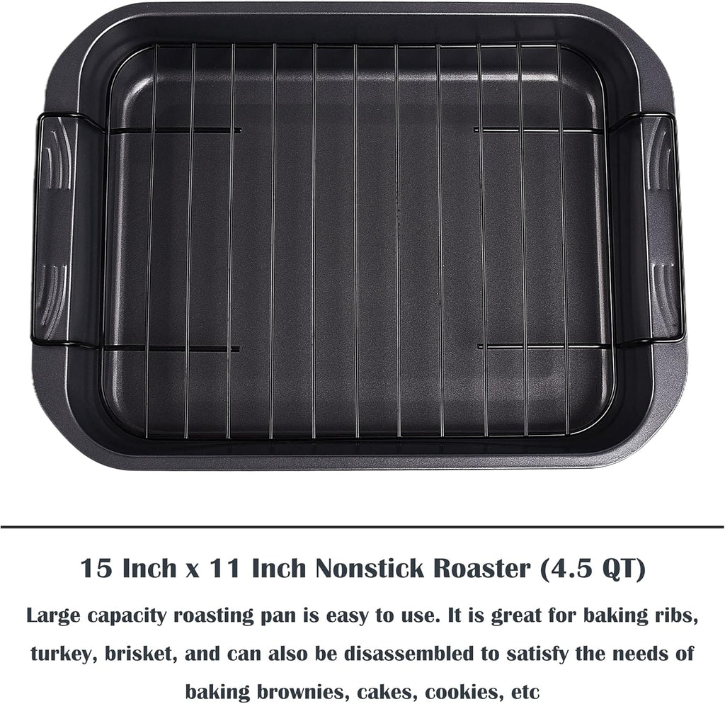 kitCom Bakeware Nonstick Roaster, Nonstick Roasting Pan with Rack, Great For Roast Chicken, Roasts And Turkeys - 15 Inch x 11 Inch (5.8 QT), Gray