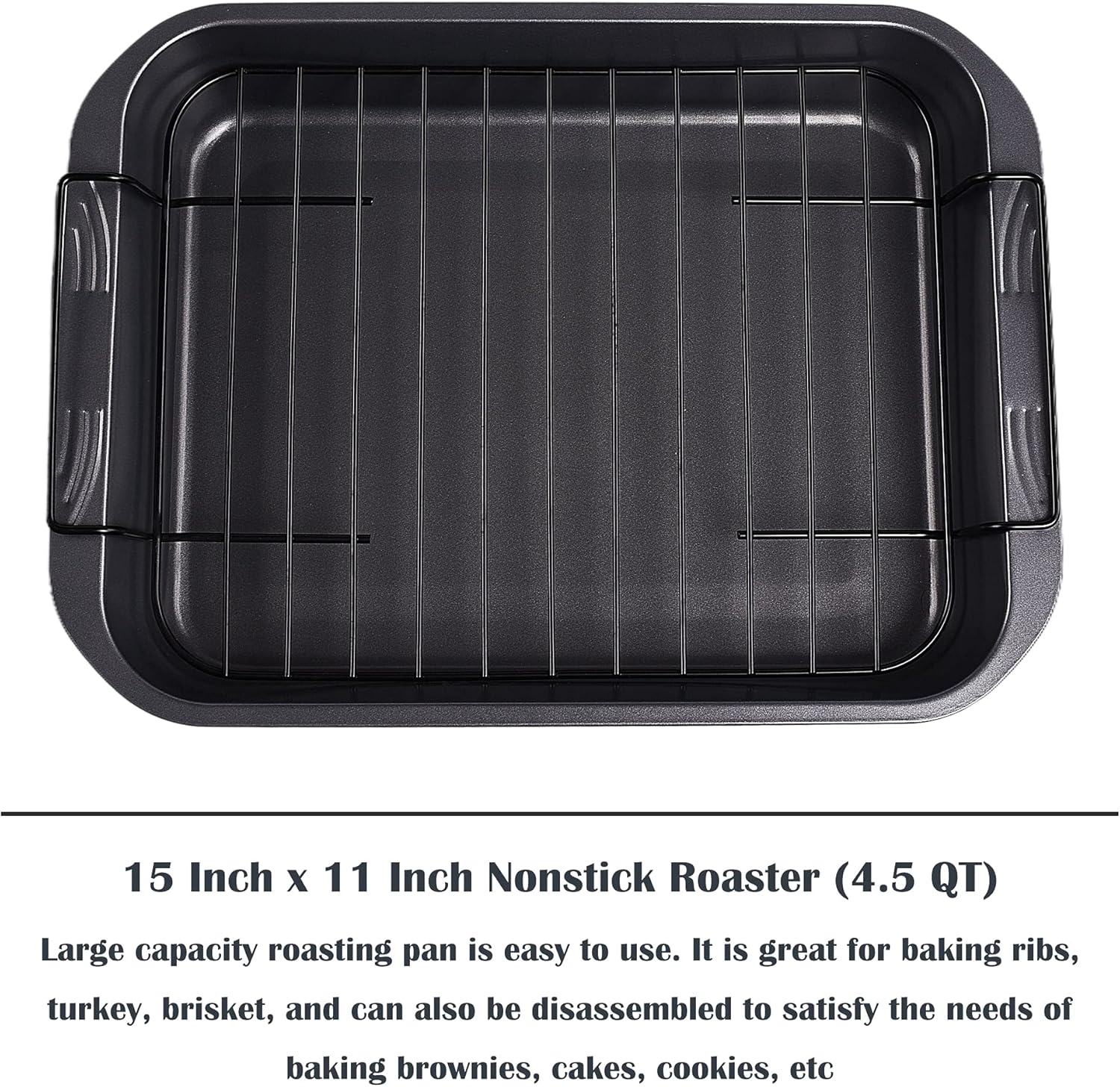 kitCom Bakeware Nonstick Roaster, Nonstick Roasting Pan with Rack, Great For Roast Chicken, Roasts And Turkeys - 15 Inch x 11 Inch (5.8 QT), Gray