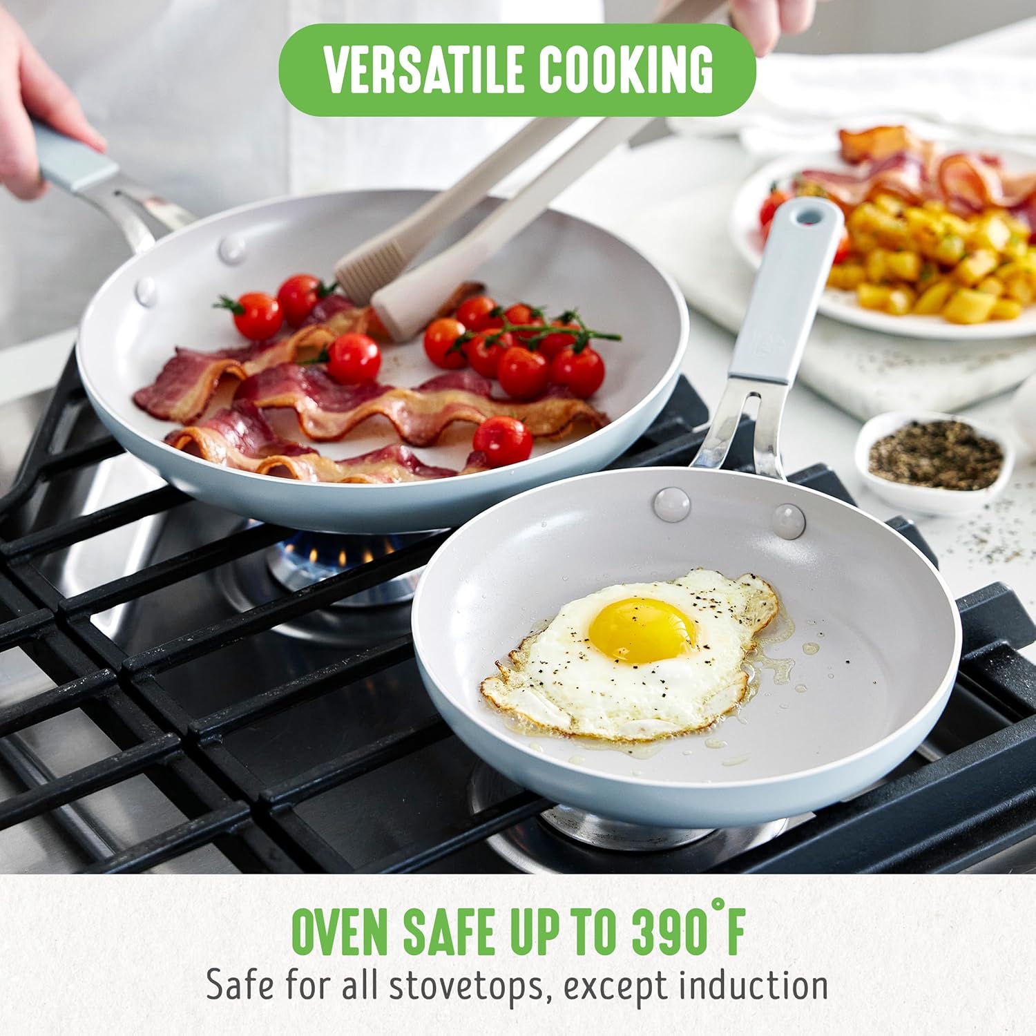 GreenLife 8” & 10” 2 Piece Nonstick Ceramic Frying Pan Set, Lightweight Healthy PFAS-Free Skillets, Dishwasher & Oven Safe, Durable Body, Silicone Stay-Cool Handles, Easy Release, Blue Haze