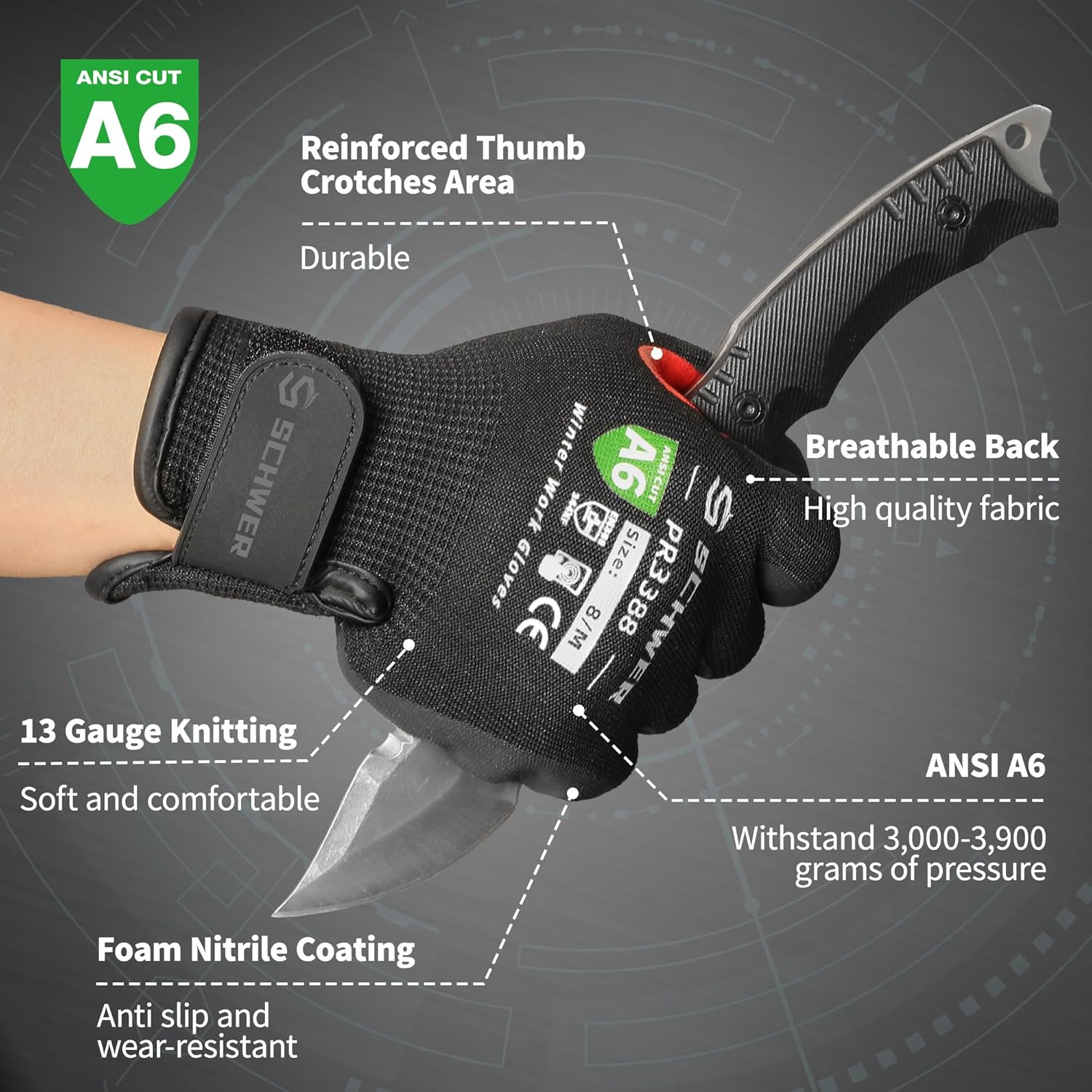 FreezeGuard Winter Work Gloves for Men and Women, ANSI A6 Cut Resistant Gloves With Super Grip, Freezer Glove for Work Touchscreen, Thermal Insulated, PR3388, Non PFAS, Black Knight (XL, 1 Pair)