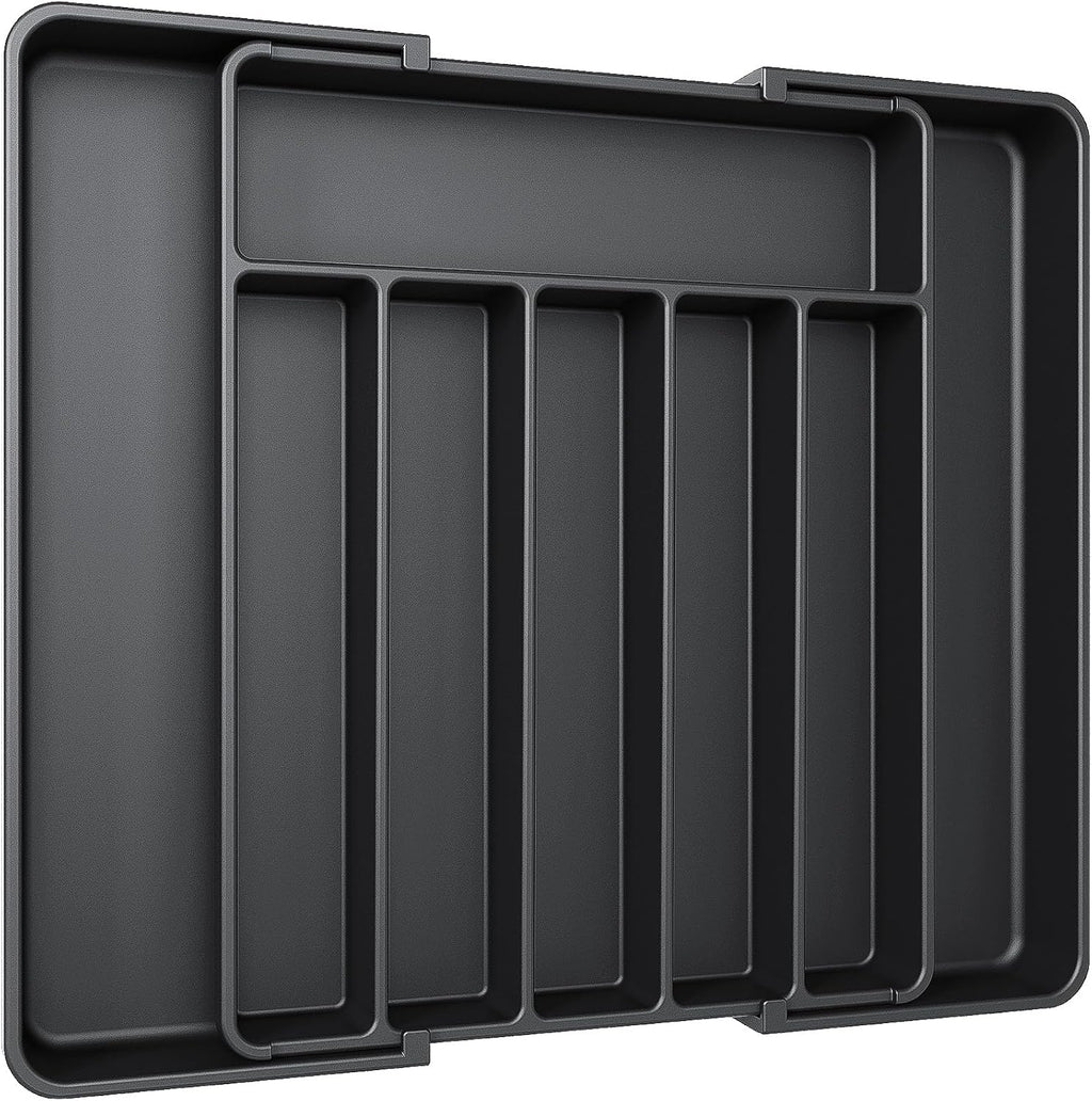 Aujen Silverware Organizer - Expandable Kitchen Drawer Organizer, Adjustable Utensil Organizer, Cutlery Tray for Forks, Knives, Multipurpose Kitchen Organizers and Storage Solution, Black, Large