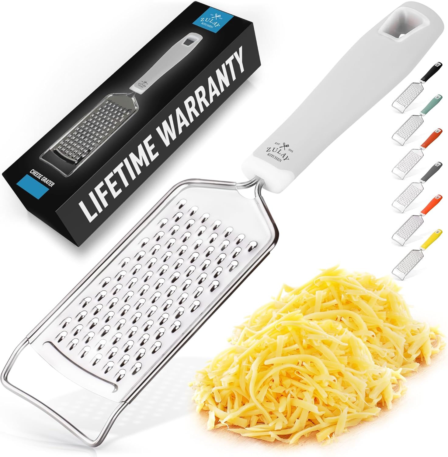 Zulay Kitchen Professional Cheese Grater Stainless Steel - Durable Rust-Proof Metal Lemon Zester Grater With Handle - Flat Handheld Grater For Cheese, Chocolate, Spices, And More - White