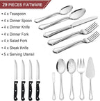 LIANYU 29-Piece Silverware Flatware Set for 4, Plus Steak Knives and Serving Utensils, Stainless Steel Cutlery Set, Eating Utensils Tableware with Scalloped Edge, Dishwasher Safe