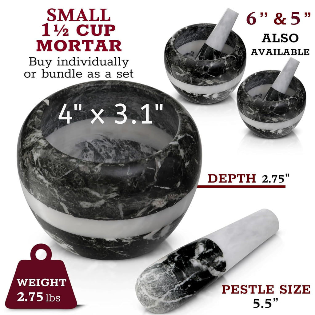 Gusto Nostro Natural Marble Mortar and Pestle Set Small| 4 Inch - 1.5 Cup | Mini Mortar Pestle Set for Grinding Herbs, Nuts, Grains | Pesto Grinding and Guacamole Stone Bowl | Marble Spice Crusher