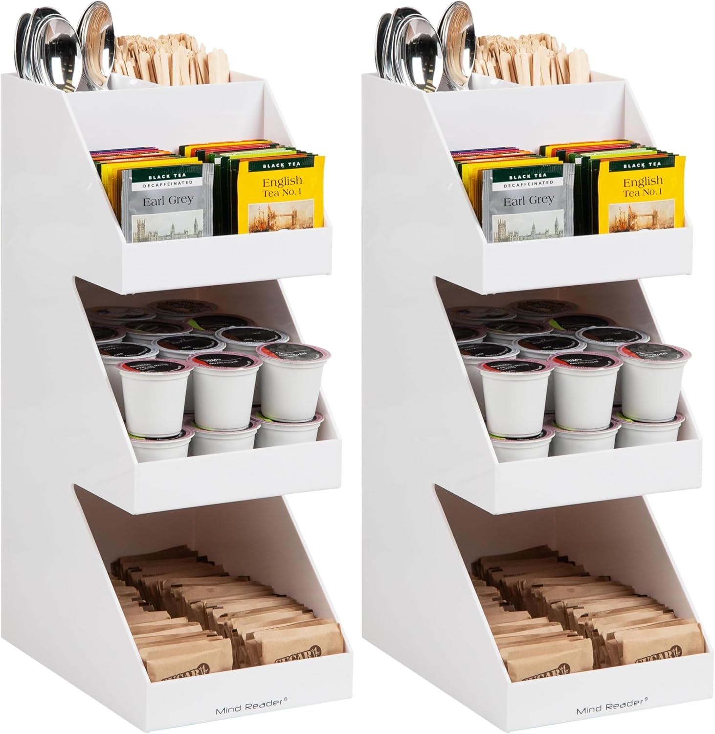 Mind Reader Coffee Tea Utensil and Condiment Station, Countertop Organizer, Coffee Bar, Kitchen, 6" L x 9" W x 16" H, White (Pack of 2)