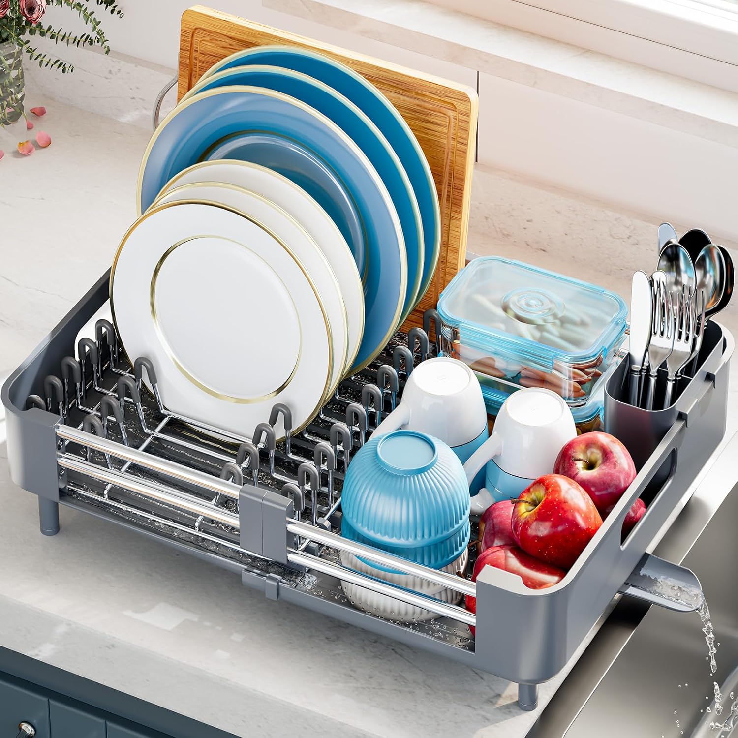 Stainless Steel Dish Drying Rack - Dish Drainer for Kitchen Counter, Extendable Drainboard with Foldable, Space-Saving Cup & Bowl Organizer, Includes Knife and Utensil Holder, Gray