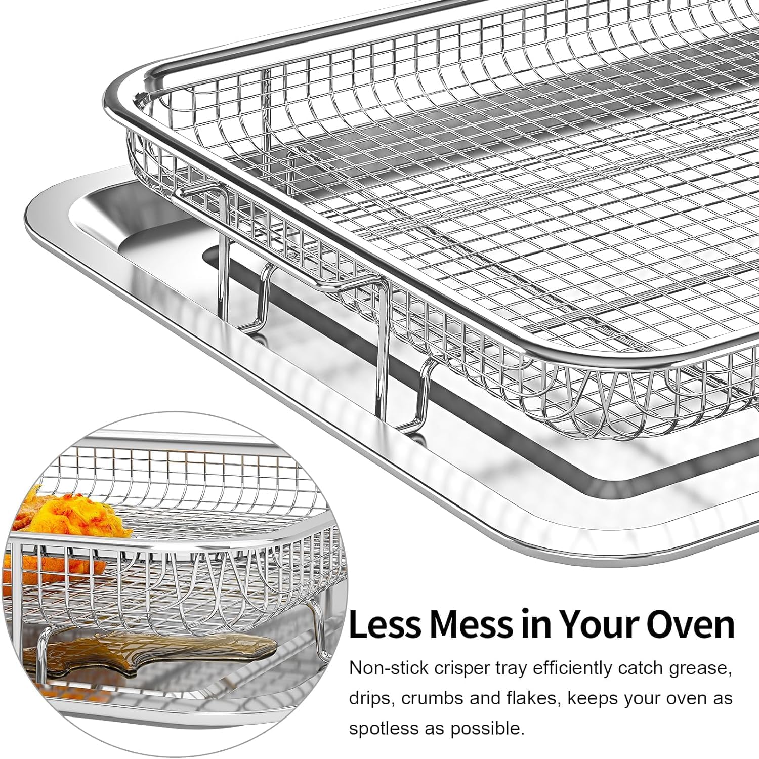 Air Fryer Basket for Oven, 3 Set Stainless Steel Oven Air Fryer Basket and Tray with 90 PCS Parchment Papers, OPENICE Air Fryer Pans and Crisper Tray - 18.7" x 12.8", 15.6" × 11.6" & 12.8" × 9.6"