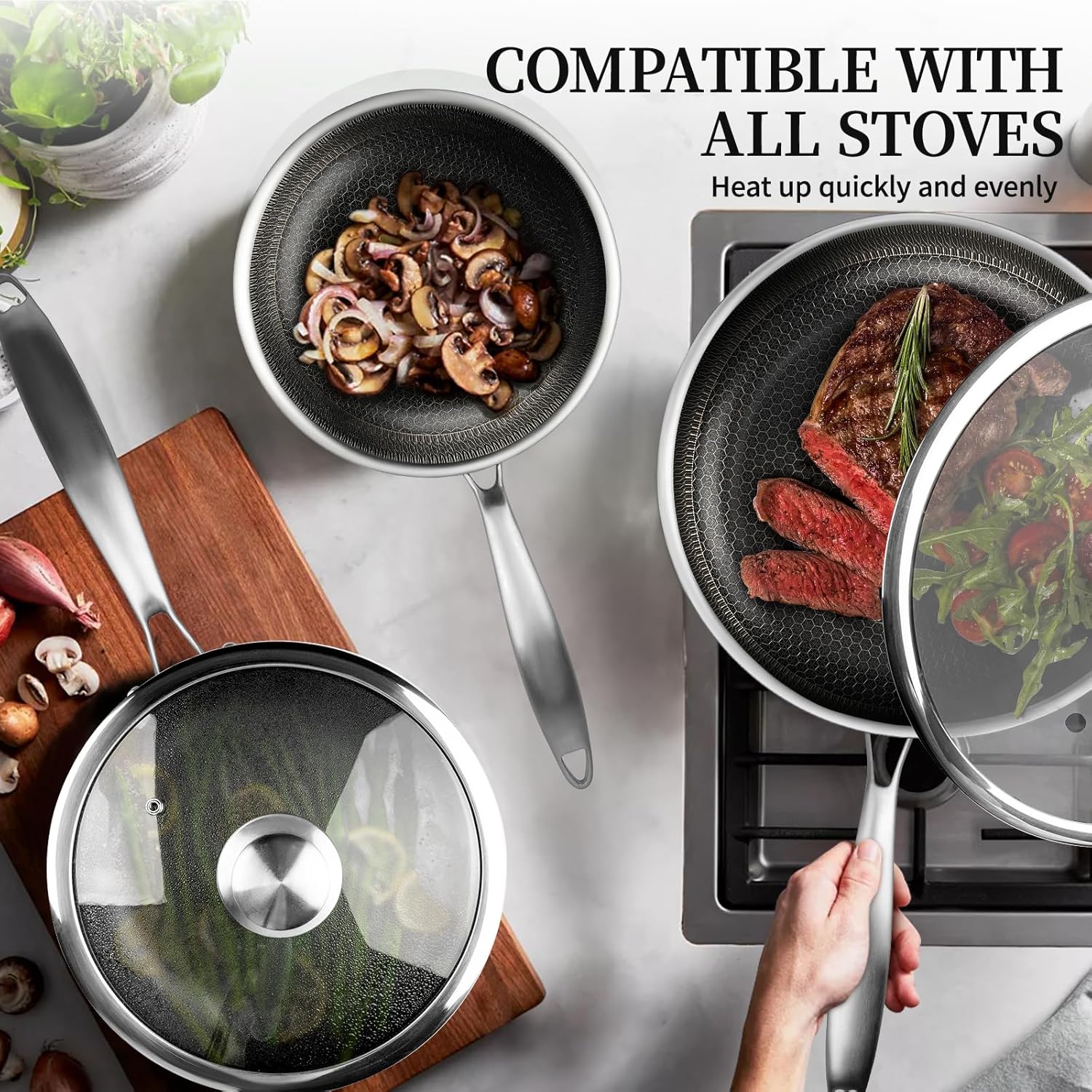 6-Piece Stainless Steel Frying Pan Set with Lids, Honeycomb Nonstick, Induction Compatible, PFOA Free