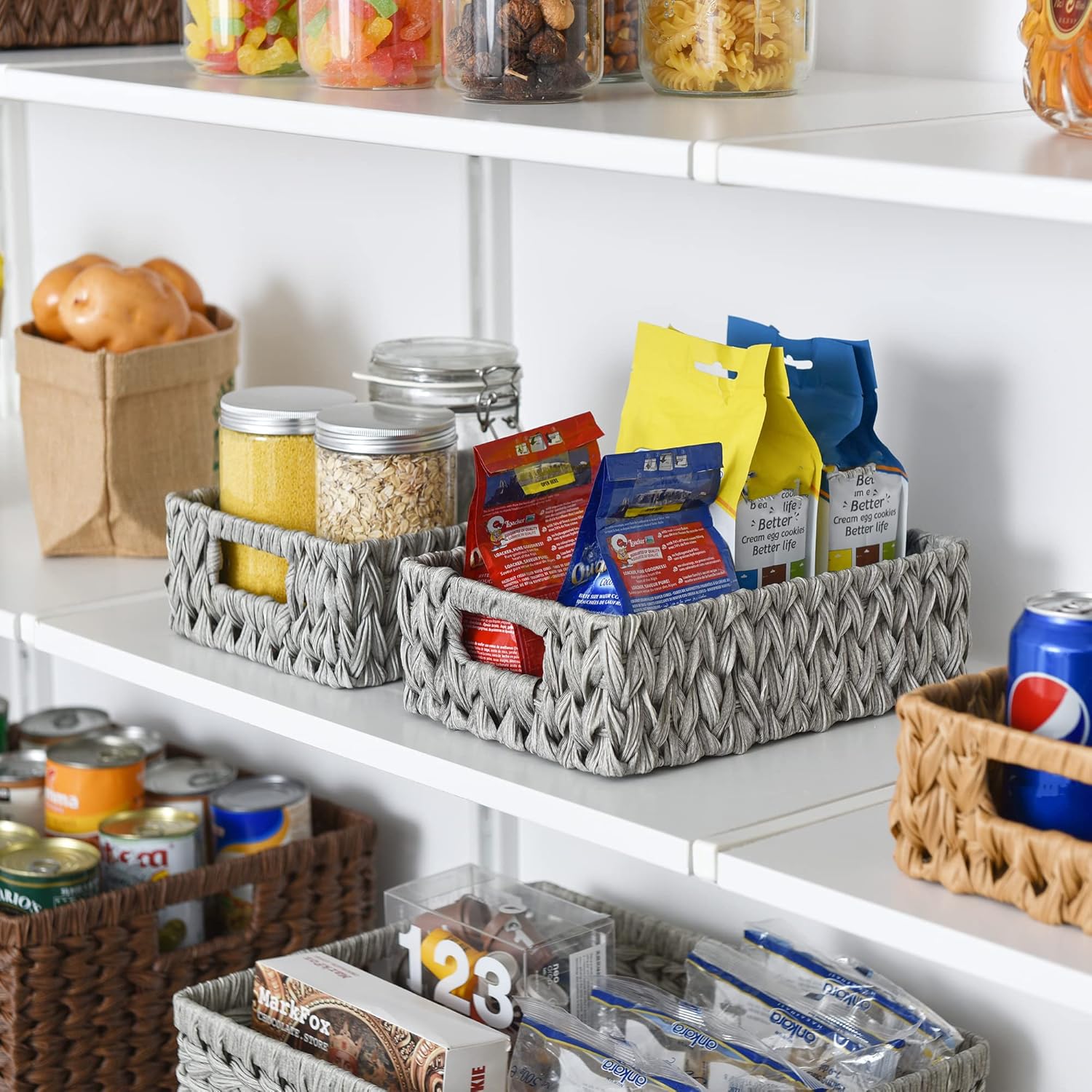 GRANNY SAYS Wicker Baskets for Storage, Waterproof Rattan Storage Baskets, Odorless Wicker Basket with Handles, Decorative Storage Containers, Gray Basket for Pantry Storage, 2-Pack