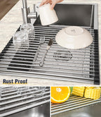 Tomorotec 17.7" x 15.5" Roll Up Dish Drying Rack Over Sink Drying Rack Sink Cover Kitchen Sink Accessories Gadget Multipurpose Organizer Foldable Stainless Steel Drainer