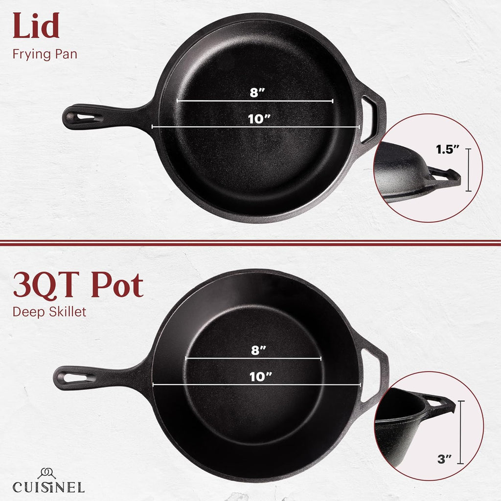 Cuisinel Cast Iron Skillet + Lid - 2-In-1 Multi Cooker - Deep Pot + Frying Pan - 3-Qt Dutch Oven - Pre-Seasoned Oven Cookware - Works for Bread, Indoor/Outdoor, Grill, Stovetop and Induction